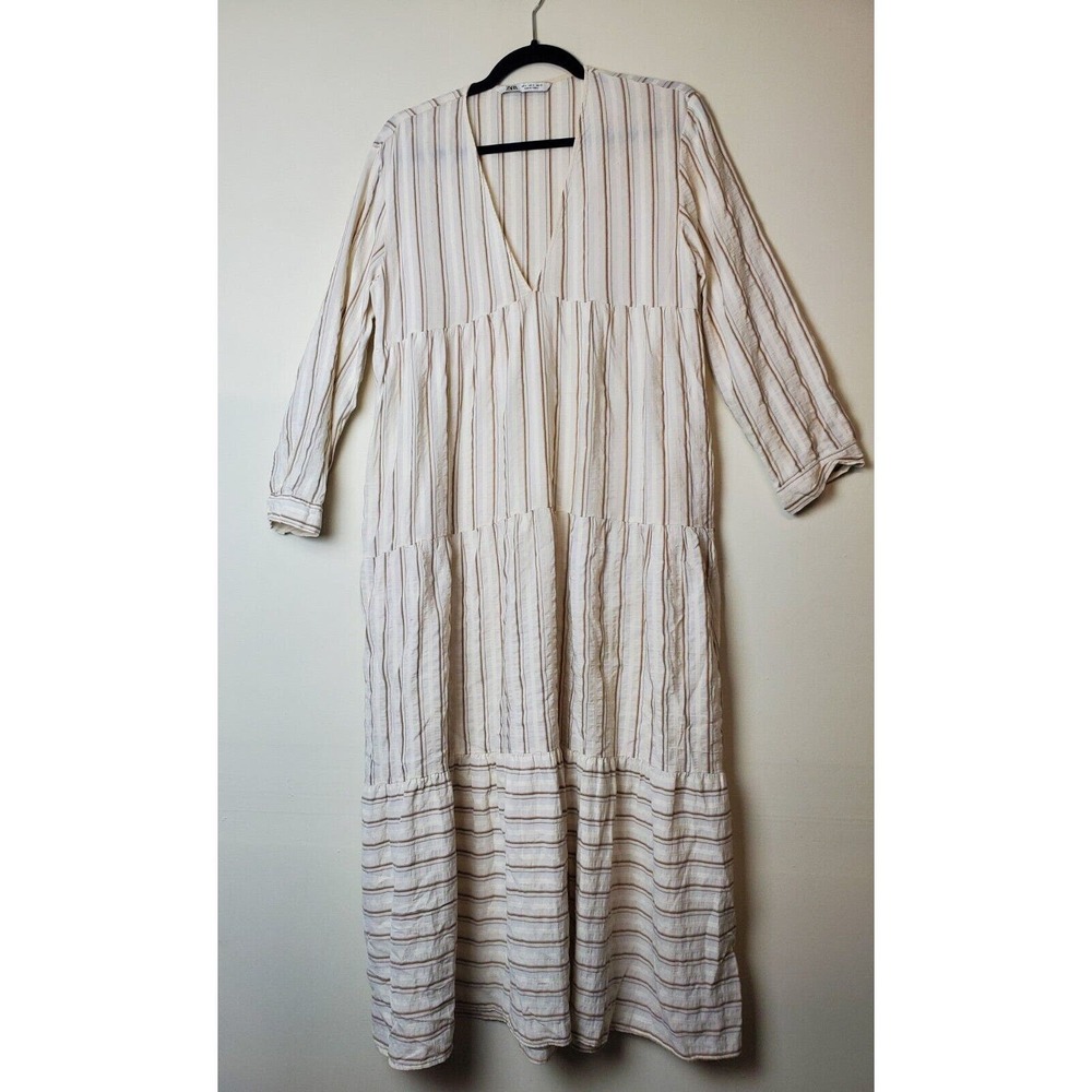 SOLD Zara Small Women White Maxi Dress Tiered Long Bohemian Striped Romantic - Picture 2 of 15